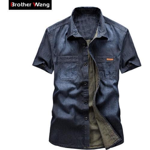 Summer Denim Shirt Men 2020 New 100% Cotton Washed Blue Short Sleeve Cowboy Shirt Male Brand Clothes