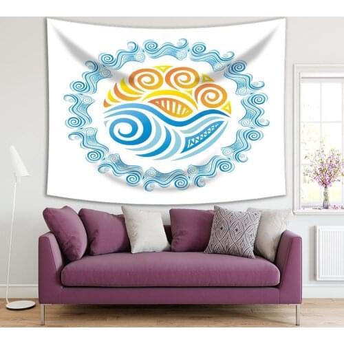 Tapestry Sea and Sun in Round Shape with Waves Nature Theme Decorative Artwork Blue Yellow