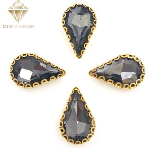 Hot selling 8X13mm Grey teardrop sew on rhinestones gold base lacy claw glass crystal pear shape rhinestones Diy accessories