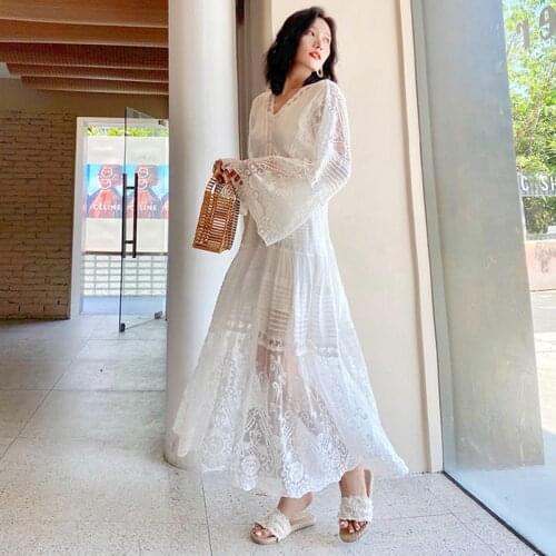 Jastie White Summer Womens Dress Trumpet Sleeve Embroidery Lace Silk Loose Hem High Waist Fairy Dresses Beach Party Prom Robe