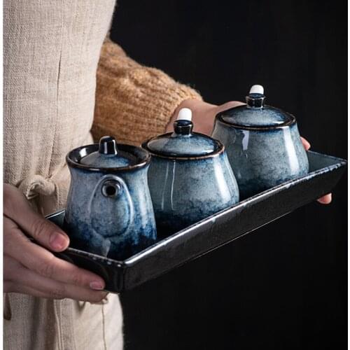 Japanese-style ceramic seasoning pot household creative kitchen oil, salt, sugar, monosodium glutamate condiment box round combi