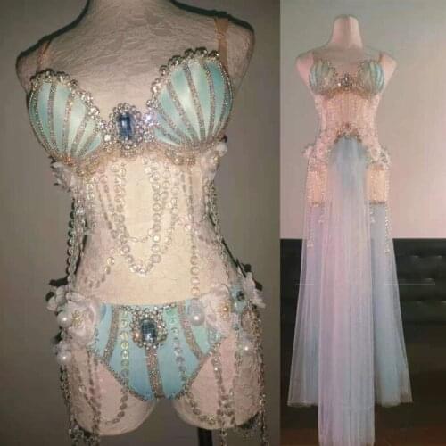 Bar Nightclub DJ Gogo Costume Luxury Rhinestones Beading Bikini Long Skirt Outfit Sexy Women Dance Team Party Rave Stage Wear