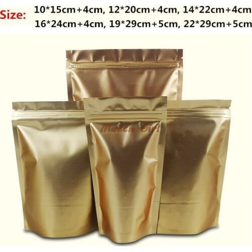 100pcs/lot- 6 sizes options 200mic Matt Gold Aluminum Foil Zipper Bag Stand Up Pouch Food Powder Tea Coffee Party Gift Bag