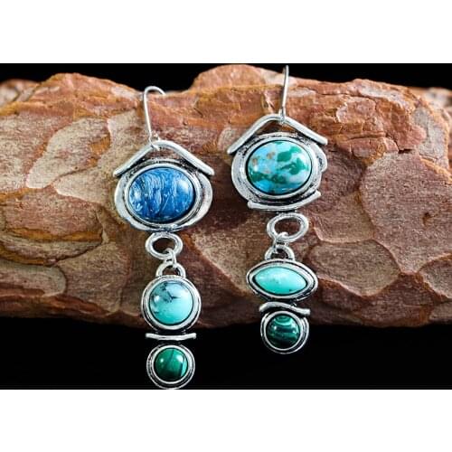 Trendy Asymmetric Turquoises Blue Stone Long Drop Earrings Womens Vintage Tribal Hook Dangle Earrings Oorbellen Gift Z3D313