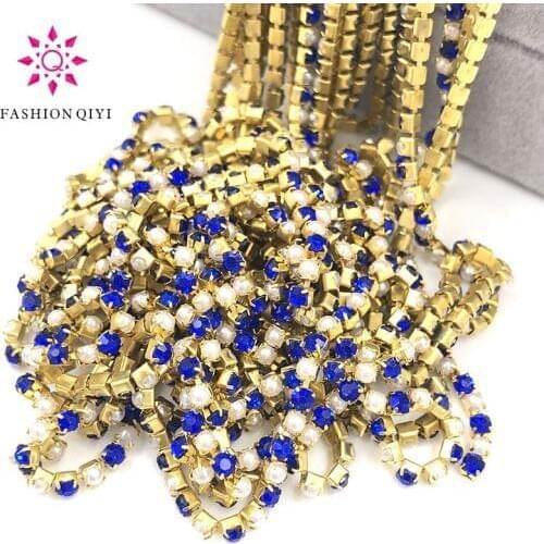 New 5 yard 2mm Gold base Royal Blue glass crystal rhinestones pearls with claw sew on cup chain diy wedding clothing accessories