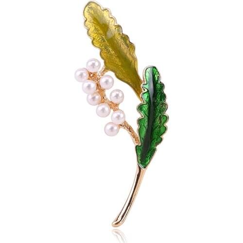 New Temperament Simple High Quality Brooch Double-leaf Pearl Drop Oil Brooch Creative Design Green Plant Clothing Brooch