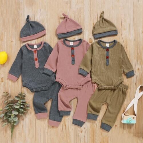 Autumn Baby Boy Long Sleeve Solid Print Romper Tops Trousers Hat Outfits Clothes