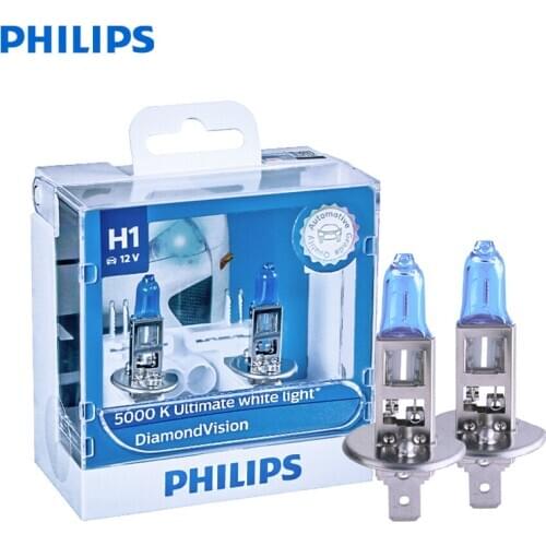 Philips Diamond Vision H1 12V 55W P14.5s 12258DVS2 5000K Cool White Light Car Halogen Headlight Auto Lamps (Twin Pack)