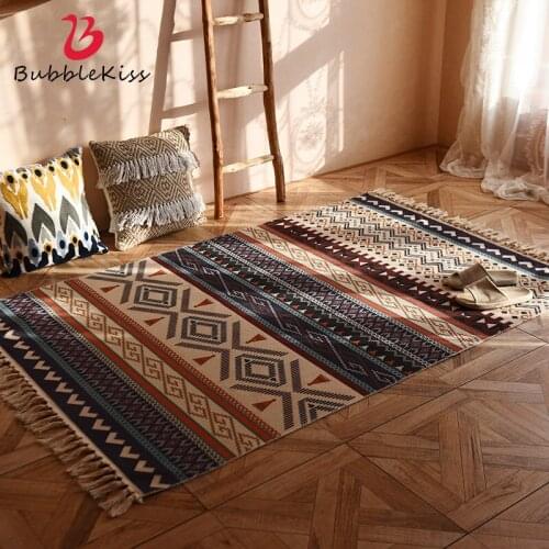 Bubble Kiss Retro Tassel Carpets Hand-Woven Cotton Linen Bohemian Tatami Mats Home Living Room Decor Sofa Bedside Prayer Rugs
