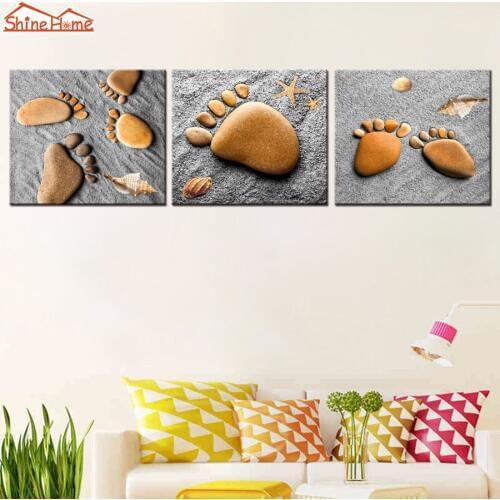 ShineHome-3pcs Modern Wall Art Canvas Painting Prints Beach Landscape Pebbles Footprint Poster Pictures for Kids Living Room