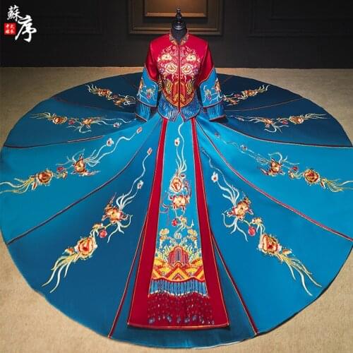 High Quality Blue Floral Embroidery Marriage Suit Oriental Bride Clothing Vintage Qipao Classic Chinese Style Wedding Cheongsam