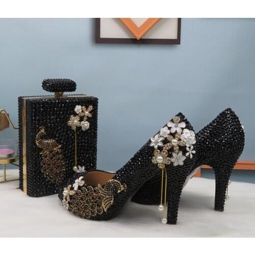 202 1Open Toe Black crystal Peacock Party Dress Wedding shoes Bride woman High heel platform shoes Ladies Female Pumps