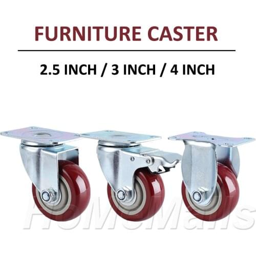 2pcs 2.5/3/4inch PU Universal Wheels Fixed Directional Casters With Brake Silent Red Casters For Table Bookshelves or Trolley