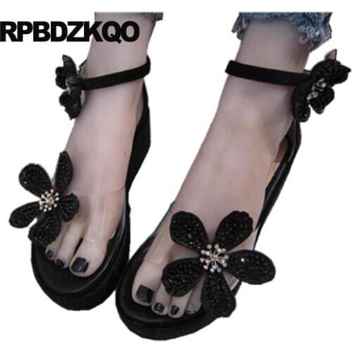 Wedge ankle strap flower black clear jewel sandals nice platform pumps plus size designer shoes women luxury 2019 rhinestone