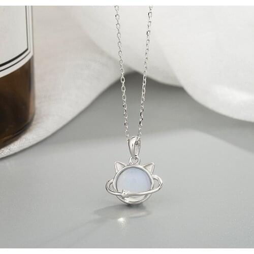 Fashion Womens S925 Silver Platinum Plated Cat Ear Moonstone Planet Pendant Fresh Necklaces 674