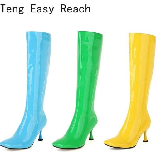 Big Size 45 Women Knee High Boots Patent PU Leather Candy Colors Ladies Calf Boots Fashion Thin High Heel Square Toe Women Boots