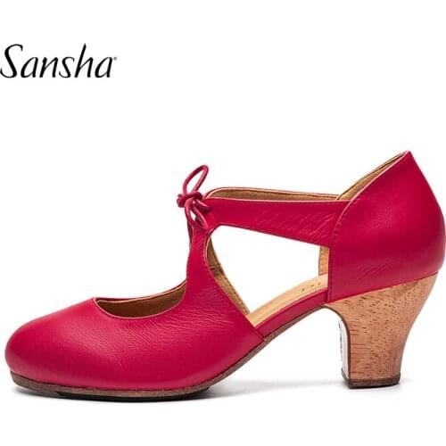 Sansha Professional Flamenco Character Lace Up 6CM Middle High Heel For Women Ladies Black Red Pierced Dancing Shoes FL29L
