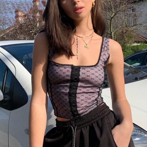 Sexy Mesh Polka Dot print breasted Slash Neck crop top 2021Summer Women Sleeveless Camisole Top Female Streetwear Tshirt