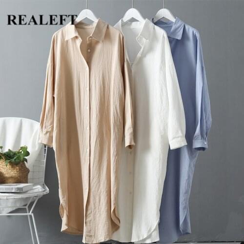 REALEFT 2021 New Oversize Womens Long Shirt Dress Cotton and Linen Long Sleeve Korean Spring White Casual Loose Shirt Dresses
