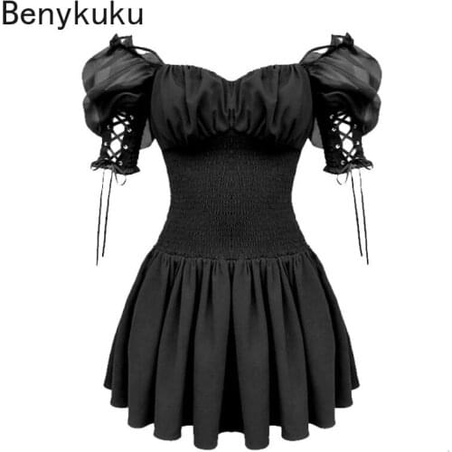 French Palace Style Mesh Lace Up Short Puff Sleeve Vintage Dress Summer Gothic Girls Sexy Club Dress Women A-Line Party Dresses
