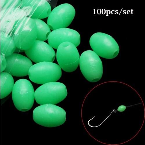 100Pcs Oval Plastic Green Luminous Fishing Floats Beads Glowing Sink Balls Treble Hook Fishing Rigs Lure Fishing Accessories