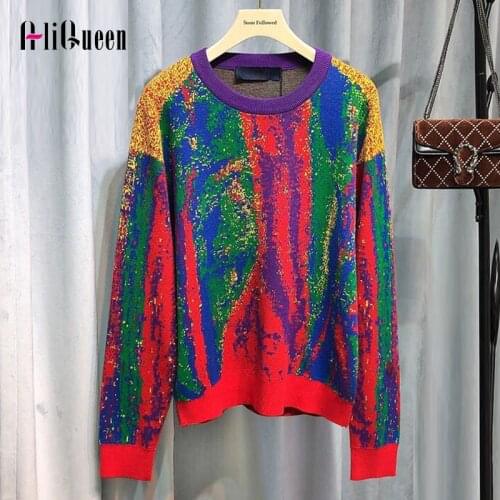 2020 Autumn Women Loose Lantern Sleeve Knitted Christmas Rainbow Color Pullover Sweater Top Korean Winter Woman Vintage Sweaters