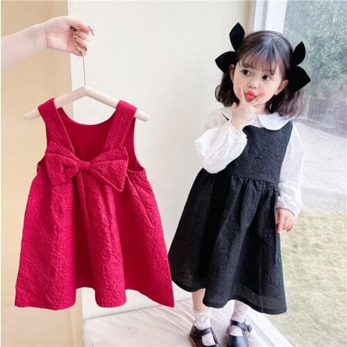 2021 New Arrival Spring Girls Vest Dress Solid Sleeveless Big Bow Embossing Princess Dress Cotton Clothes Kids Party Dress 1-7T
