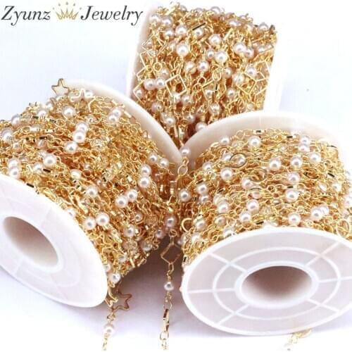 5 Meters, Round Shell Pearl Beaded Chain Findings, Metal Wire Wrapped Connector Rosary Chains Crafts Chokers Jewelry