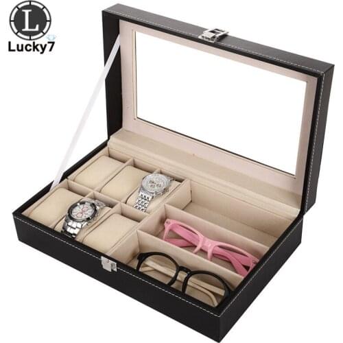 6 Grids Watch Box 3 Glasses Box PU Leather Watch Case Holder Organizer Storage Box for Quartz Watches Jewelry Boxes Display