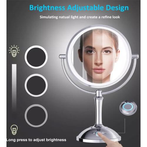 8 Inch Desktop Makeup Mirror 2-Face Metal Mirror 3X 5X 10X Magnifying Cosmetic Mirror LED Lamp Adjust The Brightness