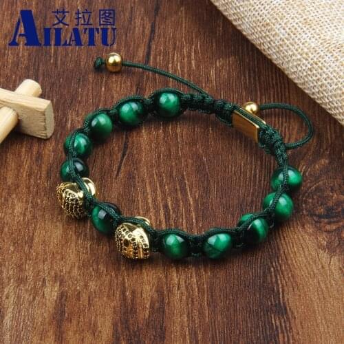 Ailatu New Luxury Double Heart Skull Braided Bracelet 8mm Natural Tiger Eye Stone Bead Logo Service Rope Jewelry