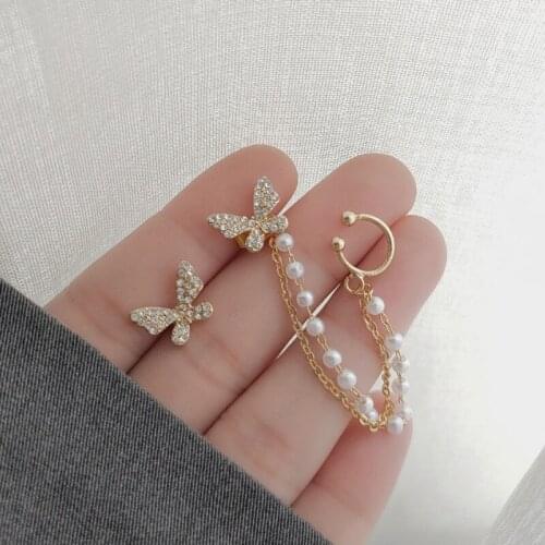 Bohemia Asymmetric Butterfly Pearl Chain Tassel Ear Bones Stud Earrings For Women New Fashion Party Jewelry Accessories
