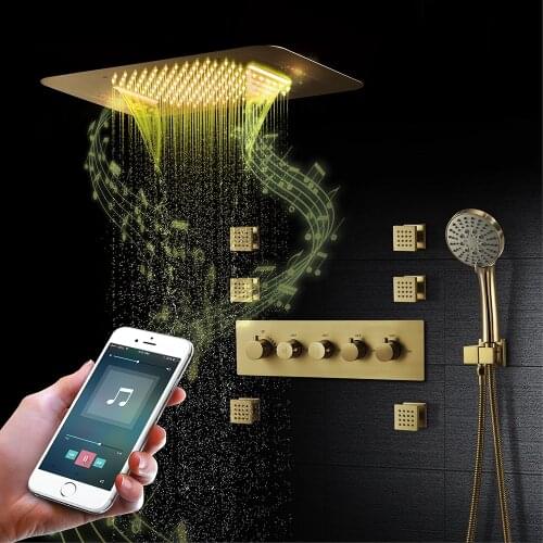 Brushed Gold Thermostatic Shower System Bathroom Faucet Modern Smart LED Ceiling Rain Shower Panel Bluetooth Music Showerheads