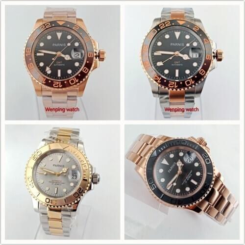 Parnis 40mm gray black dial golden Sapphire glass Ceramic bezel GMT automatic mens watch W2705