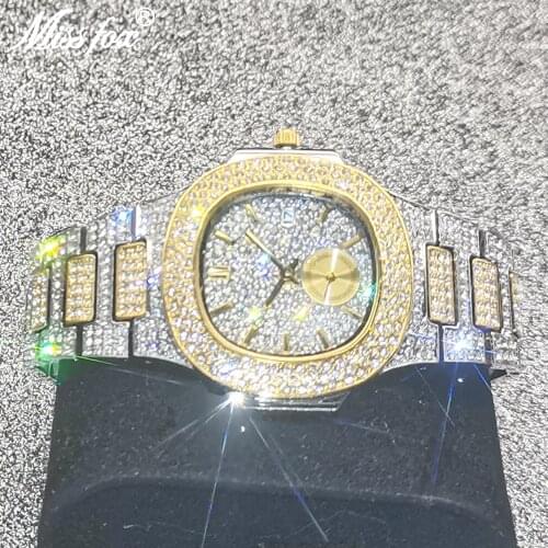 MISSFOX Silver Gold Men Watches Top Brand Luxury Full Diamond Quartz Male Watch Hip Hop Ice Out Waterproof Clock AAA Gift 2021