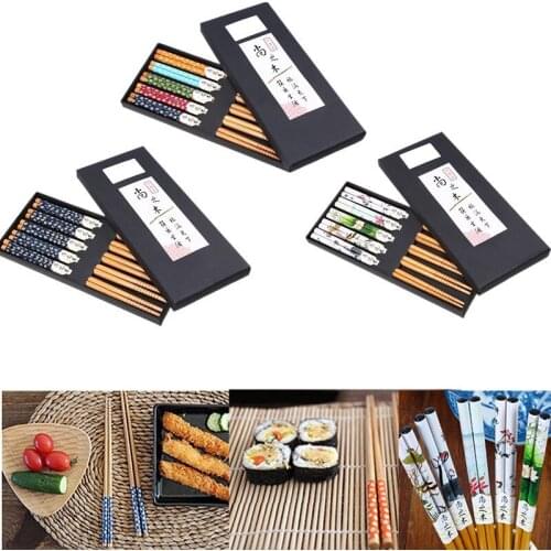 5 Pair Set Handmade Bamboo Chopsticks Reusable Kitchen Tableware Japanese Natural Wood Sushi Food Chop Sticks for Dinner Eating