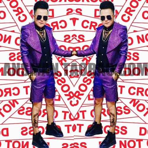 Nightclub male DJ singer GD phantom electric blue purple glitter big lapel motorcycle jacket costume carnival party