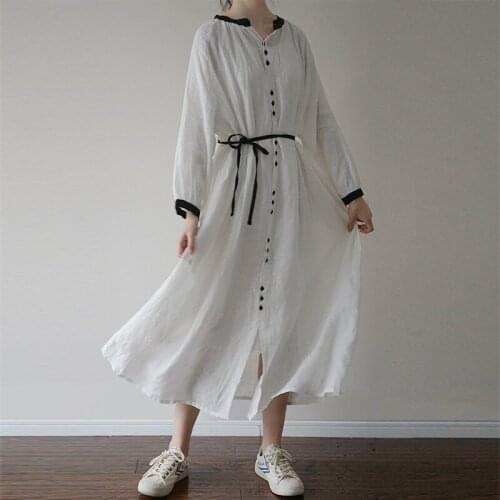 SCUWLINEN 2021 Spring Autumn New Women Dress Artsy Black-white Contrast Color Loose Linen Dress Long Sunscreen Cardigan P224