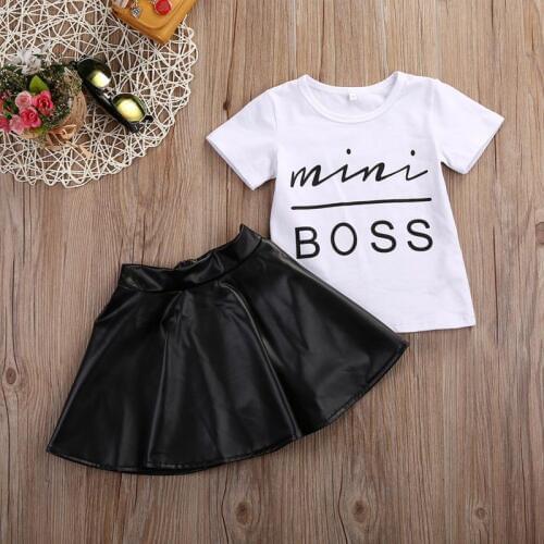 New 2PCS Toddler Kids Girl Clothes Set Summer Short Sleeve Mini Boss T-shirt Tops + Leather Skirt Outfit Child Suit New