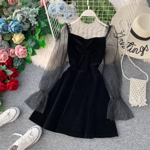 Autumn Winter Women Long Sleeve Velvet Dress Big Size A-line Mesh Dress Elegant French Lady Square Collar Dressess Vestidos 1107