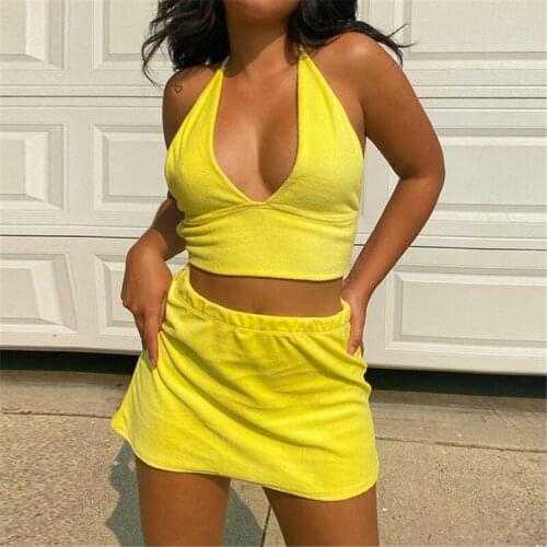 Sexy Women Yellow Sexy Summer Beach 2021 Skirt Set Skinny V Neck Tops And Mini High Waisted Bodycon Skirt Suit Two Piece Set
