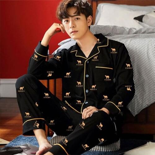 Mens Pajama Sets Spring Summer Man Pajamas Set Simple Sleepwear Long Sleeve Cotton Pajamas for Men Top Pant Leisure Outwear