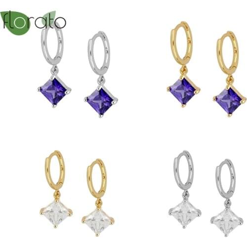 Purple/White Crystal Hanging Huggies Hoops Earrings for Women 925 Sterling Silver Charming CZ Earrings Thin Hoops Jewelry