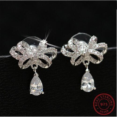 925 Sterling Silver Jewelry Shiny Cz Zirconia Bowknot Stud Earrings Pendientes Boucles D'oreilles S-e349