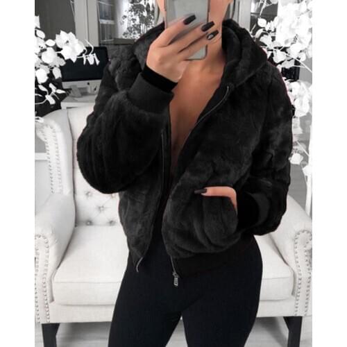 Ninimour Women Elegant Plush Rabbit Fur Faux Fur Coat Spring Autumn Long Sleeve Hooded Solid Casual Faux Fur Coats