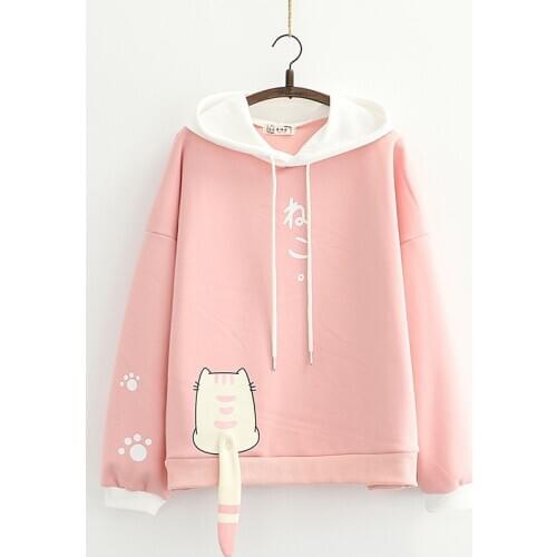 Kawaii Anime Women Pink Hoodies Teens Winter Fleece Warm Soft Girl Cute Cat Tail White Hooded Sweatshirt Female Pullover 2020