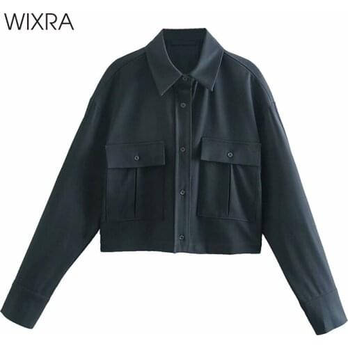 Wixra Shirts And Blouses 2021 Spring New Fashion Ladies Pockets Solid Short Style Casual Tops For Women