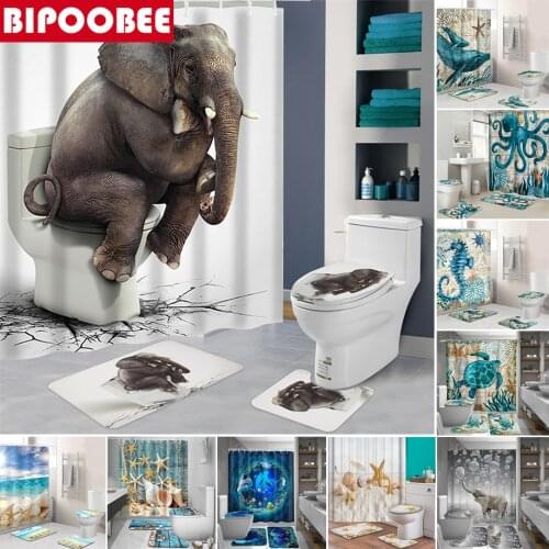 Ocean Beach Shell Sea Turtle Elephant Shower Curtain 3D Waterproof Curtains Bathroom Pedestal Rug Lid Toilet Cover Bath Mat Set