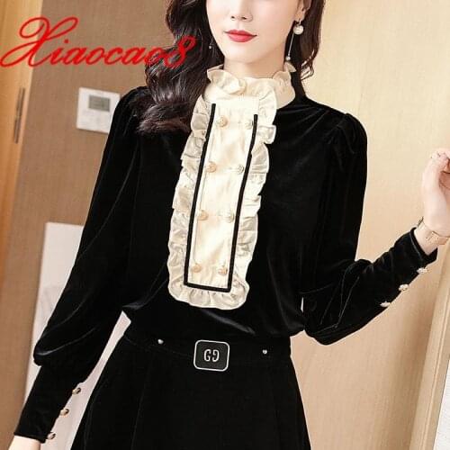 New Autumn Winter Fashion Blouse Stand-Up Collar Solid Women Full Top Patchwork Elegant Pearl Velvet Shirts Luxury Blouses