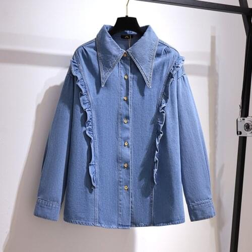 Fat mm design feeling small western style coat black fungus and relaxed joker cowboy shirt spring new large size shirt